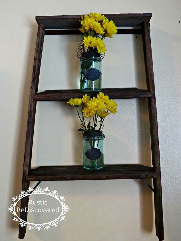 little ladder with blue jars for flowers, flowers, gardening, home decor, repurposing upcycling, I used small S hooks to hang jars on ladder
