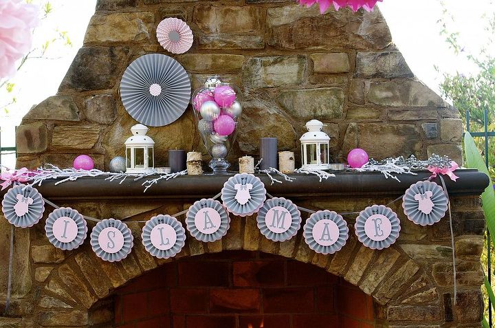 a beautiful pink and gray baby shower, home decor, The outdoor fireplace looked AMAZING