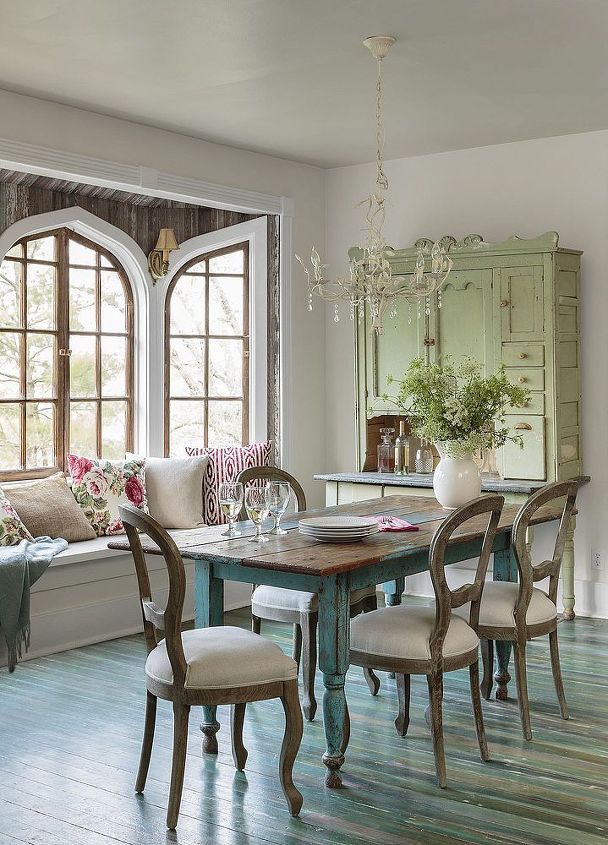 house tour a lively cottage revival, architecture, home decor, The aged to perfection dining table in a vivid aqua hue and the stunning sage cupboard give the dining room old school charm