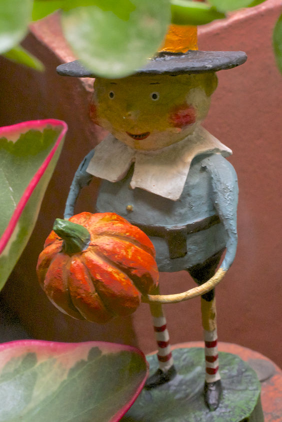 thanksgiving decor using a cast of characters part three, crafts, seasonal holiday decor, thanksgiving decorations, Pilgrim Boy pictured in my succulent garden view 3 has visited it for the T giving holiday in bygone years including a time featured