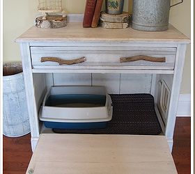 you ll never guess what s inside this cabinet, painted furniture, repurposing upcycling, rustic furniture, The cabinet was gutted with the drawer fronts mounted on wood and hinged to open freely to clean the litter box