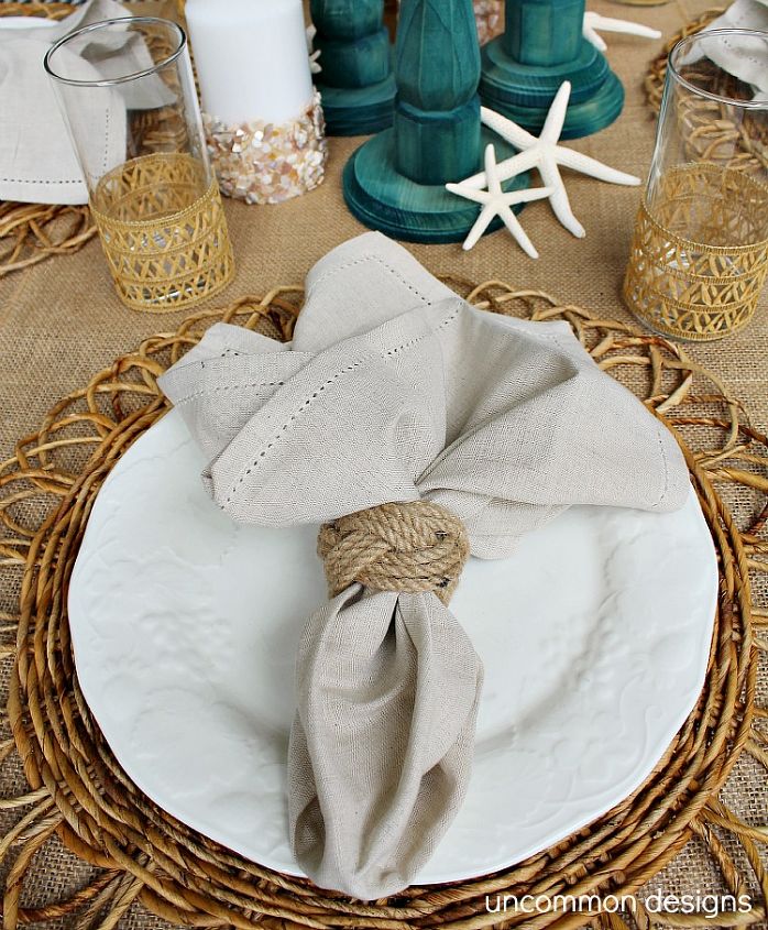 creating a summer beach tablescpae, crafts, seasonal holiday decor, A simple linen napkin and jute napkin ring is perfect against the white plates