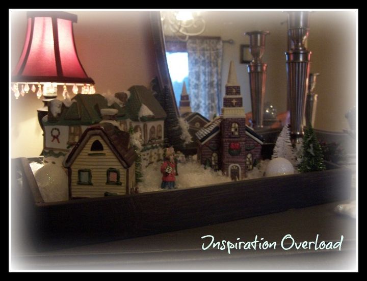 new furniture for a christmas vignette, christmas decorations, seasonal holiday decor, I created this snow village by painted an outdated tray and filling with snow building trees and a few people