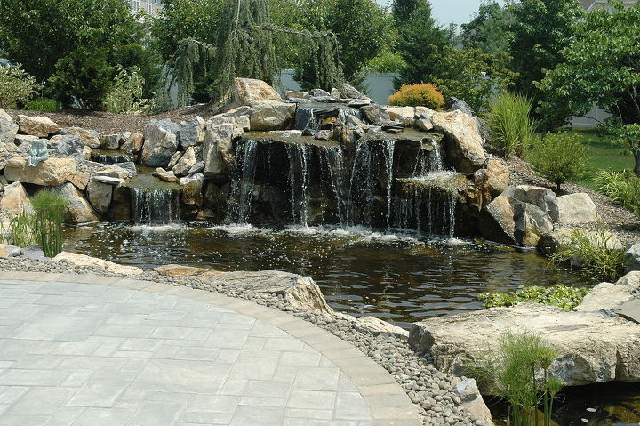 pond stream and cambridge patio project in shoreham long island, decks, landscape, outdoor living, patio, ponds water features, Large mossrock waterfall