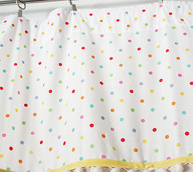 playroom curtain make over easy diy, entertainment rec rooms, home decor, reupholster, window treatments, Polka dot valance with drop cloth drapery panel