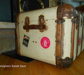 steamer trunk with hotel labels, painted furniture, I also repaired the missing leather handles by cutting apart an old belt with a utility knife sliding it through the existing hardware and anchoring it with small screws
