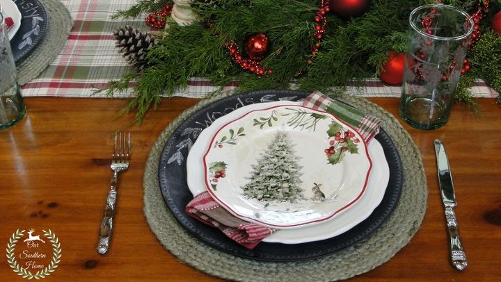 french country casual christmas tablescape, christmas decorations, seasonal holiday decor, Spray inexpensive charges with chalkboard paint