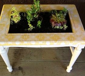 succulent table planter, flowers, gardening, repurposing upcycling, succulents, Used spray paint and dollies to stencil a pattern on the top of planter and put a screen from old window screen