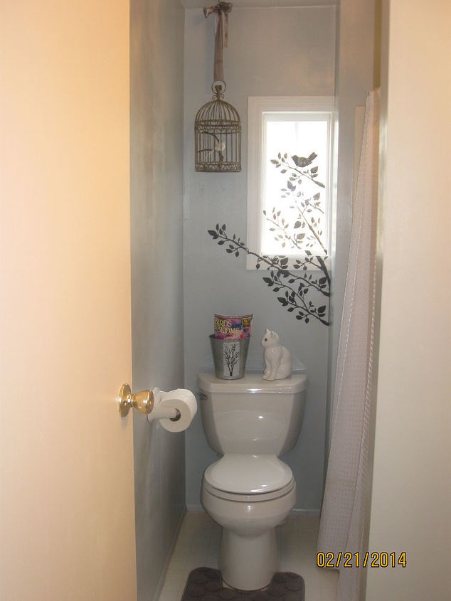 tiny guest bathroom gets character, bathroom ideas, home decor, It s all in the details A silver bucket with a tree painted on it yard sale holding a Birds Blooms magazine a white ceramic cat yard sale watching the birds So much better