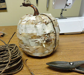 rustic birch pumpkin craft, crafts, decoupage, repurposing upcycling, seasonal holiday decor, For a little more definition I used bark covered wire to fill accentuate the creases I used E6000 craft glue to apply each section from bottom center to top center stem