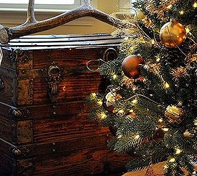 great room rustic christmas, christmas decorations, fireplaces mantels, living room ideas, seasonal holiday decor, Antique trunk normally used for end table next to sofa rounds out the tree