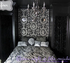 our boudoir noir master bedroom, bedroom ideas, home decor, home improvement, The bed wallpapered accent wall and new closets
