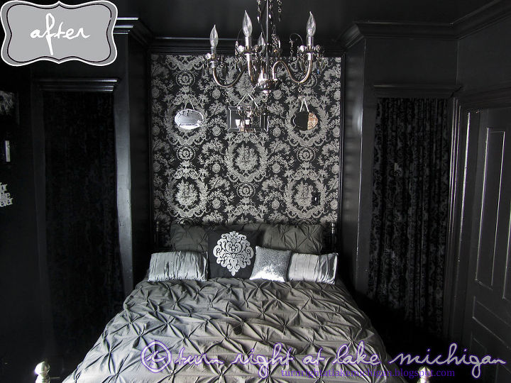 nosso quarto principal boudoir noir, A cama a parede de destaque do papel de parede e os novos arm rios