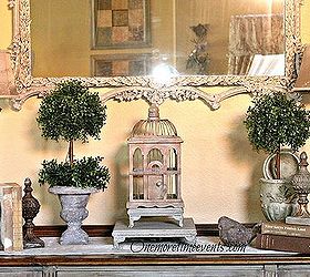 how to make a boxwood topiary, chalkboard paint, crafts, home decor, wreaths, Adding boxwood topiaries to antique buffet vignette