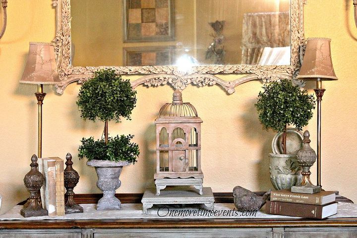 how to make a boxwood topiary, chalkboard paint, crafts, home decor, wreaths, Adding boxwood topiaries to antique buffet vignette
