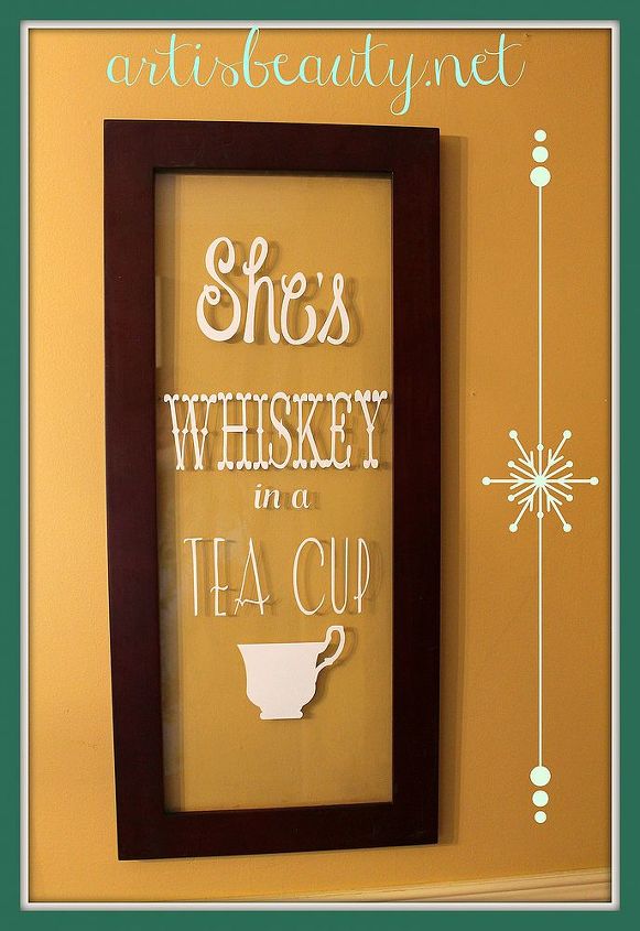she s whiskey in a tea cup vinyl transfer on and old window, crafts
