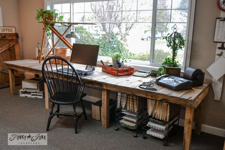 decorating from nothing to something a junker s full home tour, home decor, outdoor living, repurposing upcycling, I needed a nice long desk so a few boards from pallets and crates later this farm style desk emerged It cost me 3 for new screws