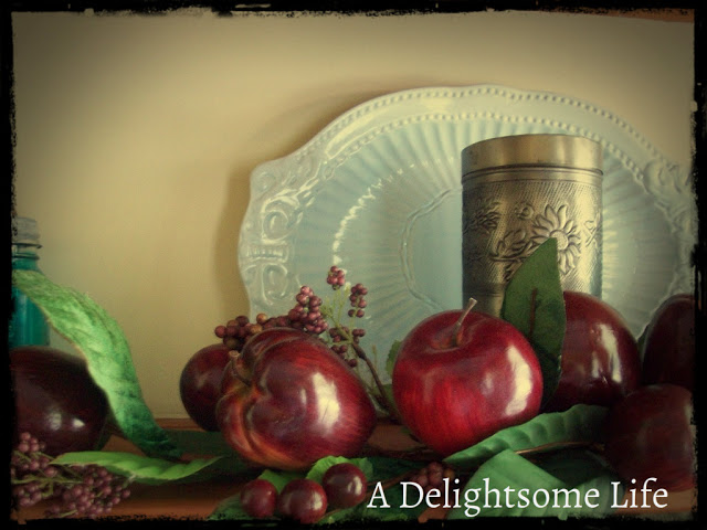 red and aqua for autumn decor, seasonal holiday decor, Faux red apples pewter and blue platter autumn decor