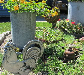 garden roosters hens and chicks, gardening, outdoor living, repurposing upcycling, It had a pewter rooster and a chicken feeder planted with yellow lantana and hen and chicks in the bottom tray