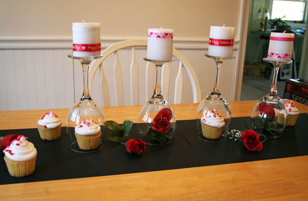 diy valentine s day table, painted furniture, seasonal holiday decor, valentines day ideas, Put candles on top wrapped in ribbon and glitter tape