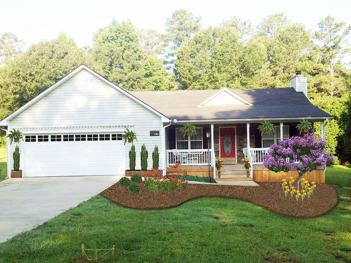 q landscape ideas, flowers, gardening, landscape, After It is hard to tell from the photo but I added an arbor over the garage as suggested by a responder to my original post I also added faux windows and a house number