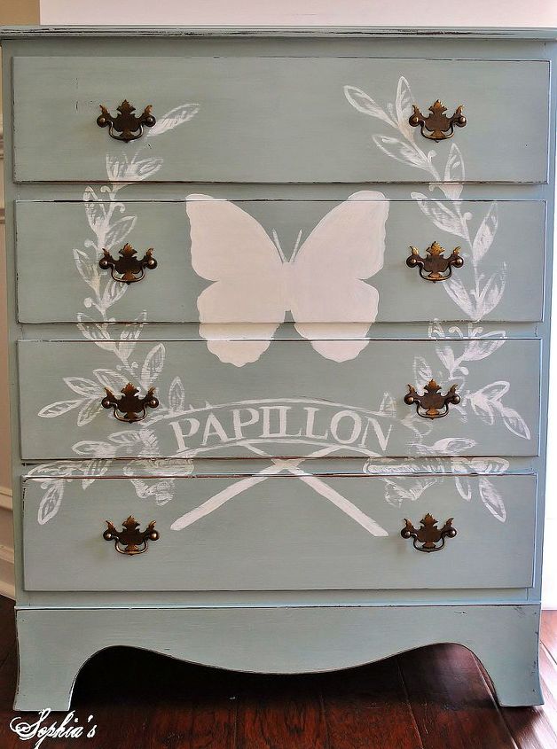 hand painted butterfly dresser makeover, painted furniture