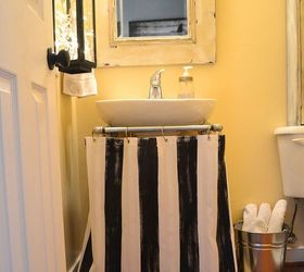 make a pedestal sink skirt from a shower curtain, bathroom ideas, crafts, diy, home decor, how to, The pattern and style add personality to a boring half bath