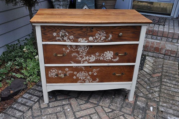 rustic dresser redo, chalk paint, painted furniture, rustic furniture, I guess I didn t take during the process photos on this one but it was pretty straight forward I cleaned up the wood and put a chestnut color stain on it I used Old White Annie Sloan chalk paint and clear wax