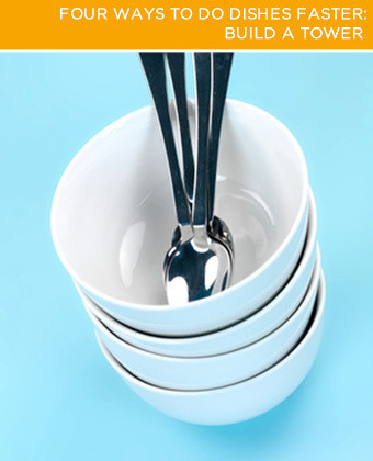four ways to do dishes faster, cleaning tips, Build a Tower For the most efficient soaking session use your hot water on a plate and silverware tower When you stack your plates in the sink place a fork or knife between each level