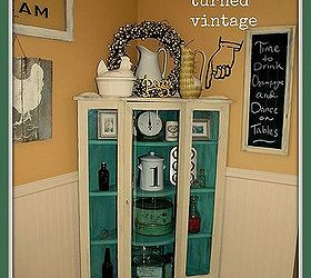 80 s oak bow front china cabinet turned vintage getorganized, painted furniture, I love hows this once 80 s oak now has a total VINTAGE look to organize all my vintage finds