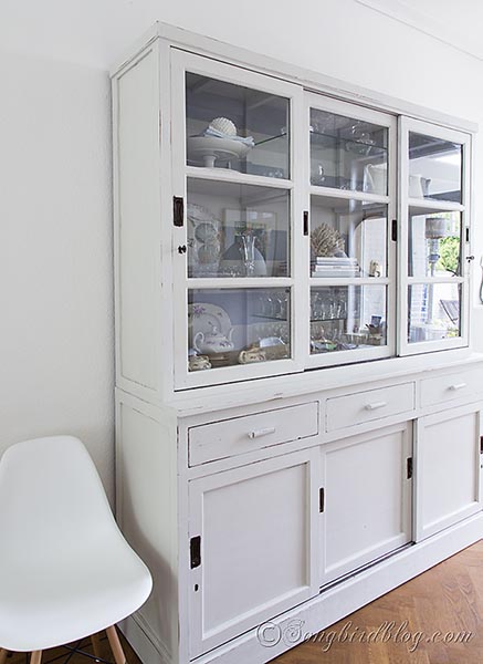 hutch makeover with milk paint, painted furniture, The milk paint has a beautiful color that changes with the light fall It goes from white in the sun to a beautiful grey on a cloudy day
