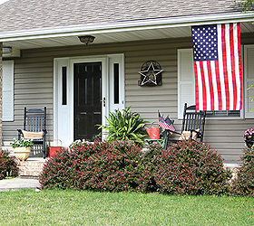 celebrating the red white and blue in style, outdoor living, patriotic decor ideas, seasonal holiday decor, The whole porch doesn t quite fit in this photo I think I need to trim my barberry bushes a little