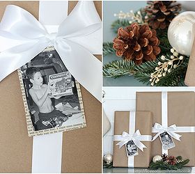 christmas vignette, seasonal holiday d cor, I wrapped some old boxes that I had lying around with brown paper added a white ribbon along with some personalized photo gift tags