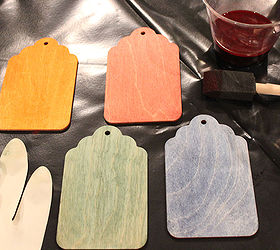 retro wood luggage tags, crafts, It s so much easier to color wood with Rit Dye than traditional stain Just dab some dye on the wood with a foam brush and rub it in with a paper towel Then microwave it for 20 seconds to set the color