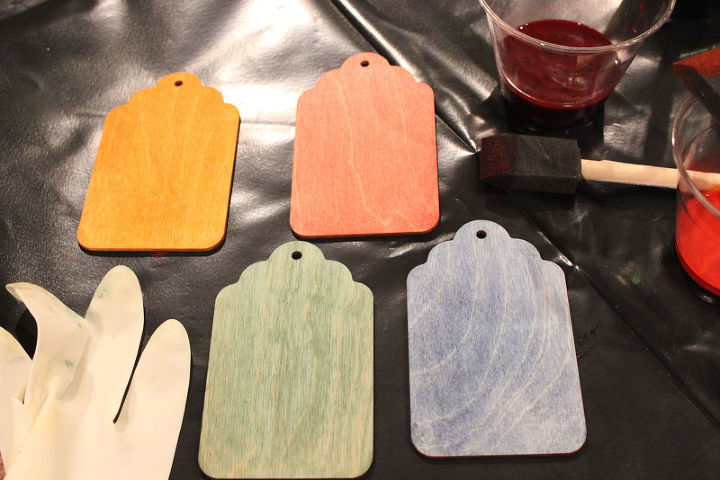 retro wood luggage tags, crafts, It s so much easier to color wood with Rit Dye than traditional stain Just dab some dye on the wood with a foam brush and rub it in with a paper towel Then microwave it for 20 seconds to set the color