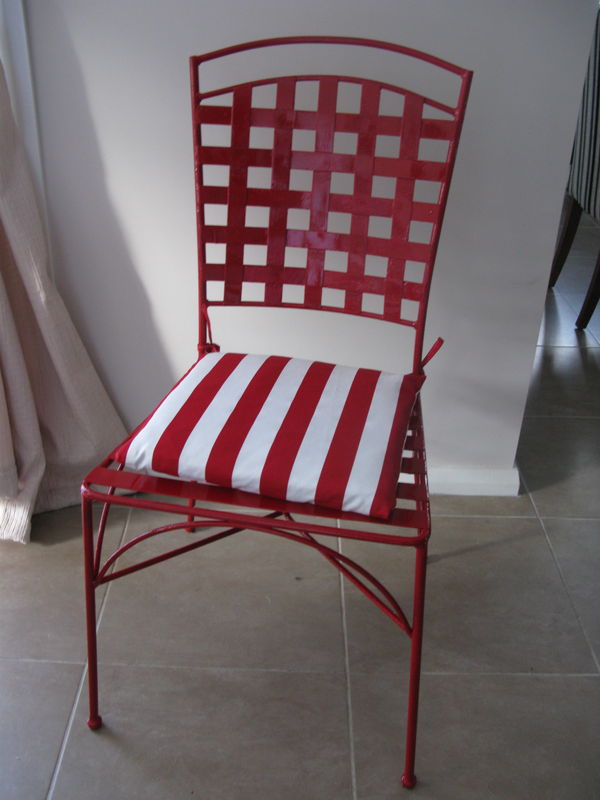 revamped steel bistro garden chairs, painted furniture, 2 coats of bright red paint suited to metal steel and a new look cushion completes the transformation
