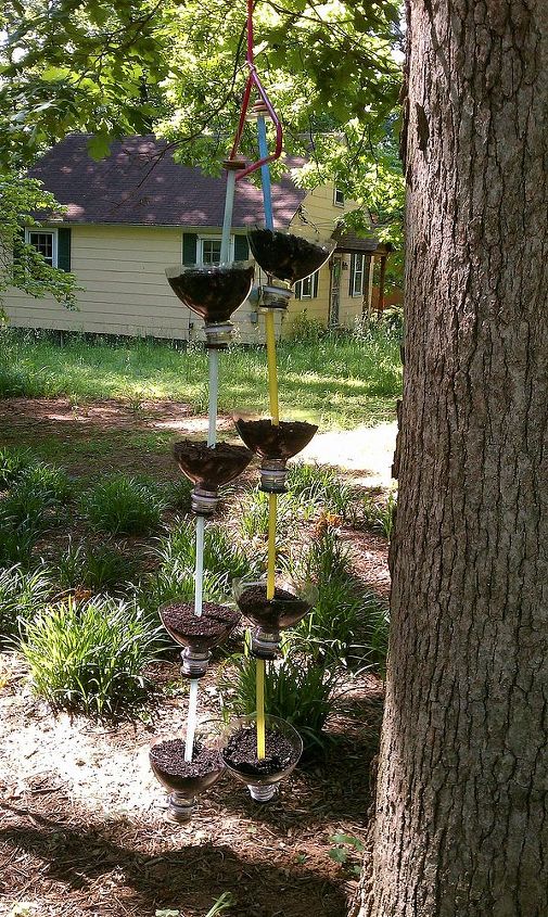recycled soda bottles as hanging seedling rain chains, Here is the 4 bottle chain filled with dirt and seeds Now all I have to do is water and wait