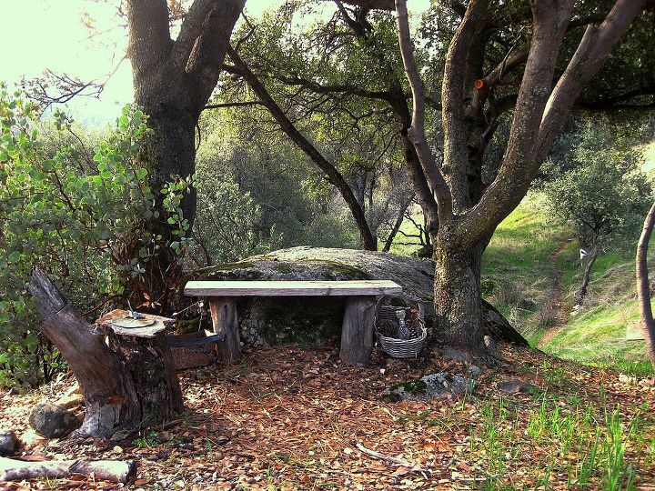 how to build simple garden benches for free, diy, how to, outdoor furniture, outdoor living, painted furniture, woodworking projects, This is a simple bench using logs for legs easy