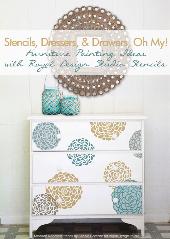 fab diy furniture stenciling ideas with royal design studio stencils, painted furniture, The Bloomers stencil set comes in multiple layers that make it easy to create flowers with contrasting colors and even layer them