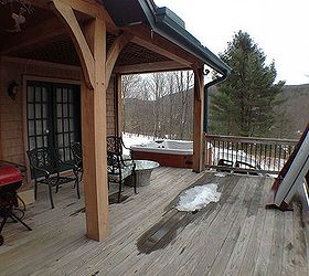 bullfrog spa installed on a second story deck in windham new york, Timber Framed home with a Bullfrog spa on a secony story deck