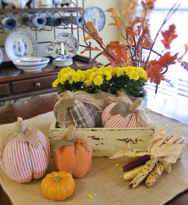 confessions of a plate addict s fall home tour, seasonal holiday d cor, Breakfast room table stars my shabby box filled with mums and my no sew shirt pumpkins