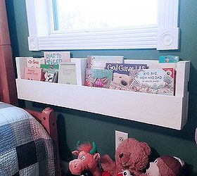 diy pallet bookshelves, I mounted one of the 4 shelves directly underneath the window next to our kid s bed for easy bedtime reading access and cleanup