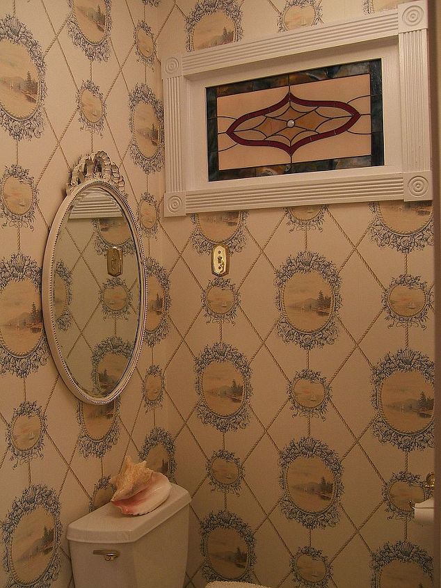 adding a vintage stained glass, bathroom ideas, crafts, home decor, I m so happy that I could keep this wallpaper and now have a vintage stained glass window in this room