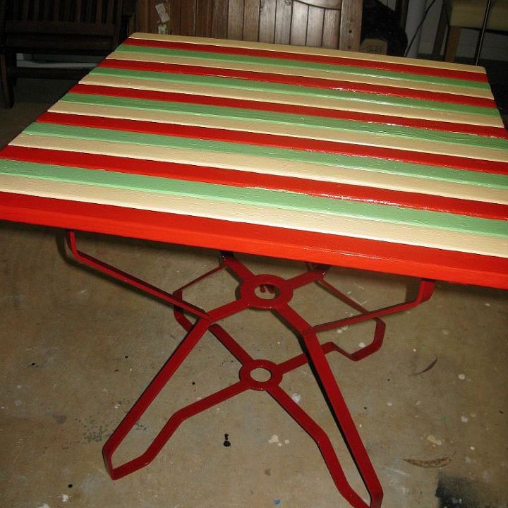 retro 1950 s garden table makeover, painted furniture, repurposing upcycling, Finally finished colours may be a little strong in this shot due to the flash it now matches the bench in last photo