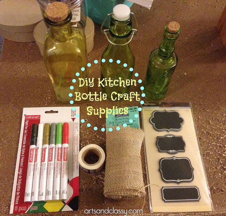 diy kitchen olive oil vineager and sea salt bottle tutorial, chalkboard paint, crafts, Supplies I purchased Bottles They should be on an end cap at your local Michaels right now Vintage stamp crafting tape Burlap Chalkboard Labels Paint Pens Tacky Glue