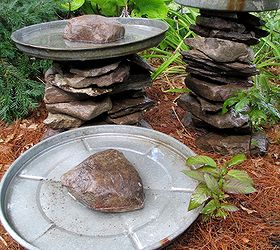stacked stone bird baths, outdoor living, repurposing upcycling, Save out some stone to put in the top of each lid as a landing place for birds to keep the lid in place if a larger bird or squirrel comes calling and for looks
