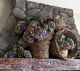 bigger is better with this waterfall of hydrangeas for a fall mantel, flowers, gardening, home decor, hydrangea, seasonal holiday decor, The baskets were just stacked and hydrangeas