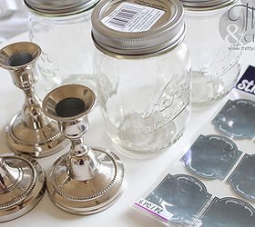mason jar apothecary jars, chalkboard paint, crafts, mason jars, repurposing upcycling, The supplies you ll need are mason jars candlesticks glue and chalkboard stickers