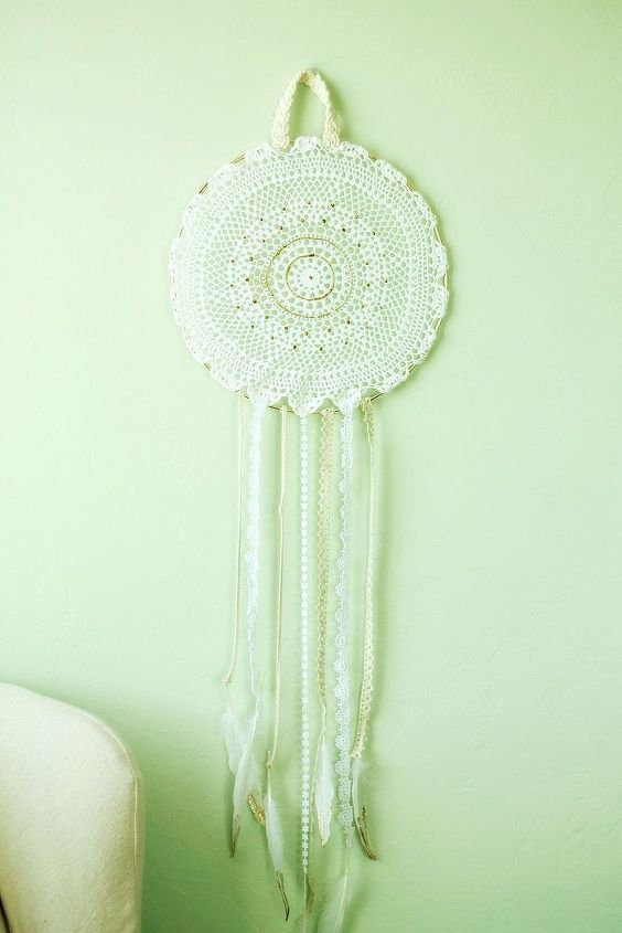 diy dreamcatcher, crafts, repurposing upcycling, Strips of lace in varying shades of whites creams ending in feathers make lovely long tassels