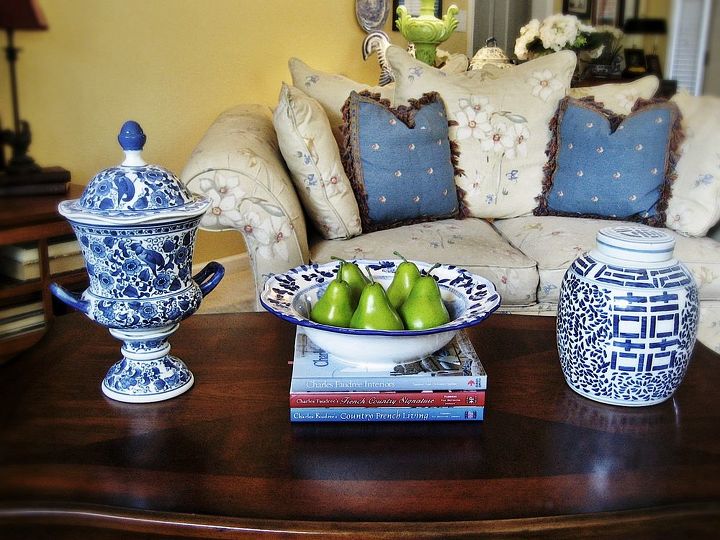 i have given my living room a little facelift adding more blue and white my, home decor, lighting, living room ideas, My coffee table revamp copied from an arrangement in Charles Faudree s new book Home